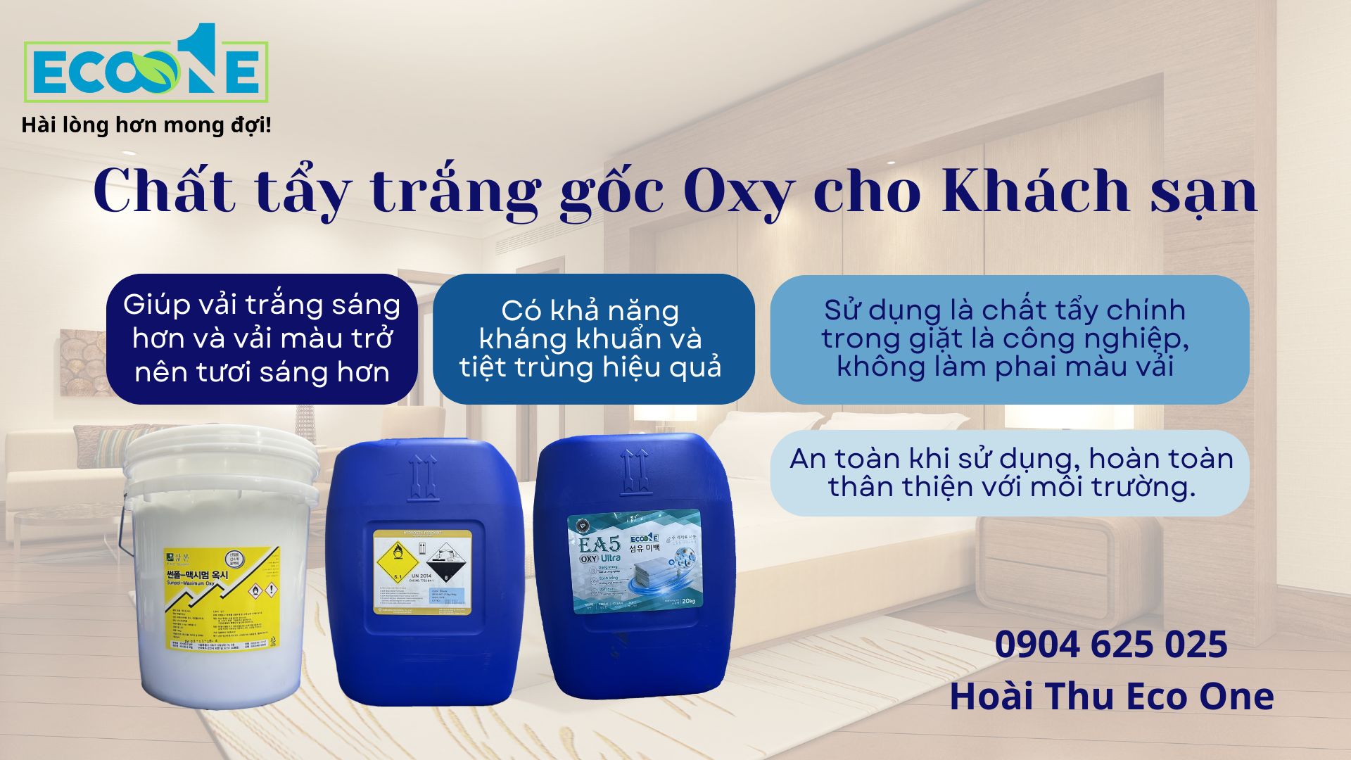 Chất tẩy trắng gốc Oxy cho Khách sạn giúp làm tăng khả năng trắng sáng vải, ngoài ra còn có công dụng tiệt trùng hiệu quả, giúp tối ưu quy trình giặt là